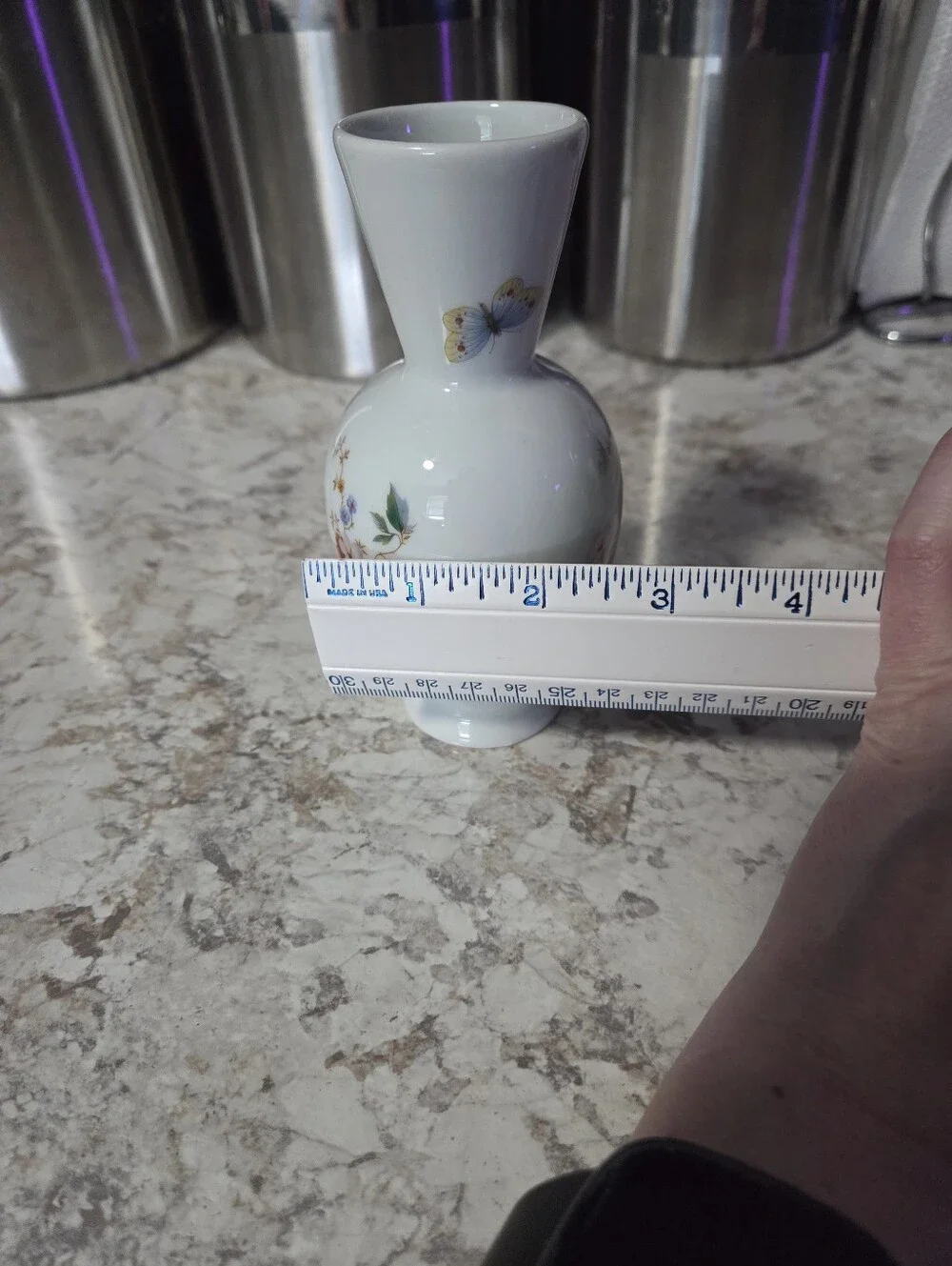 Vintage Limoges France White Porcelain Small Vase 5.5 Inches, Floral, Butterfly